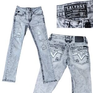 Salvage Buckle Havoc Straight Slim Denim Jeans Men 29x30 Distressed Stone Washed